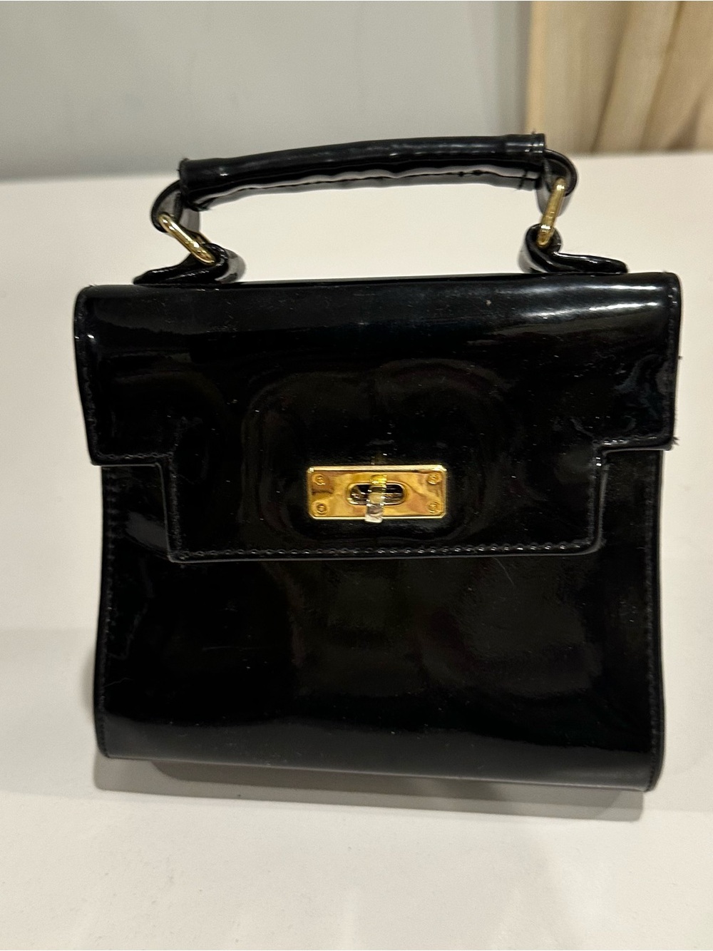 Vintage Black Patent Top-Handle Satchel with Gold-Tone Hardware